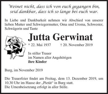 Traueranzeige von Jutta Gerwinat  von Magdeburger Volksstimme