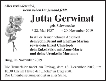 Traueranzeige von Jutta Gerwinat (geb. Schwenecke)  von Magdeburger Volksstimme