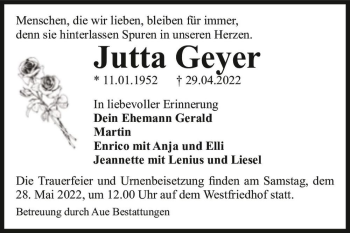 Traueranzeige von Jutta Geyer  von Magdeburger Volksstimme