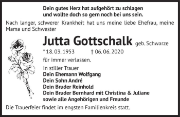 Traueranzeige von Jutta Gottschalk (geb. Schwarze)  von Magdeburger Volksstimme