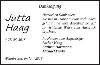 Traueranzeige von Jutta Haag  von Magdeburger Volksstimme