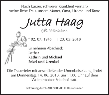 Traueranzeige von Jutta Haag (geb. Wenschuh)  von Magdeburger Volksstimme