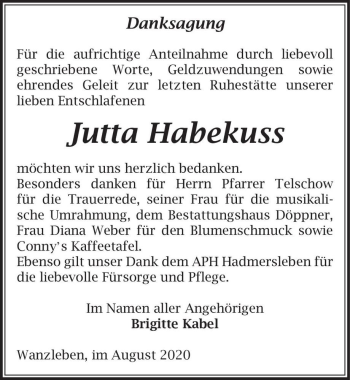 Traueranzeige von Jutta Habekuss  von Magdeburger Volksstimme
