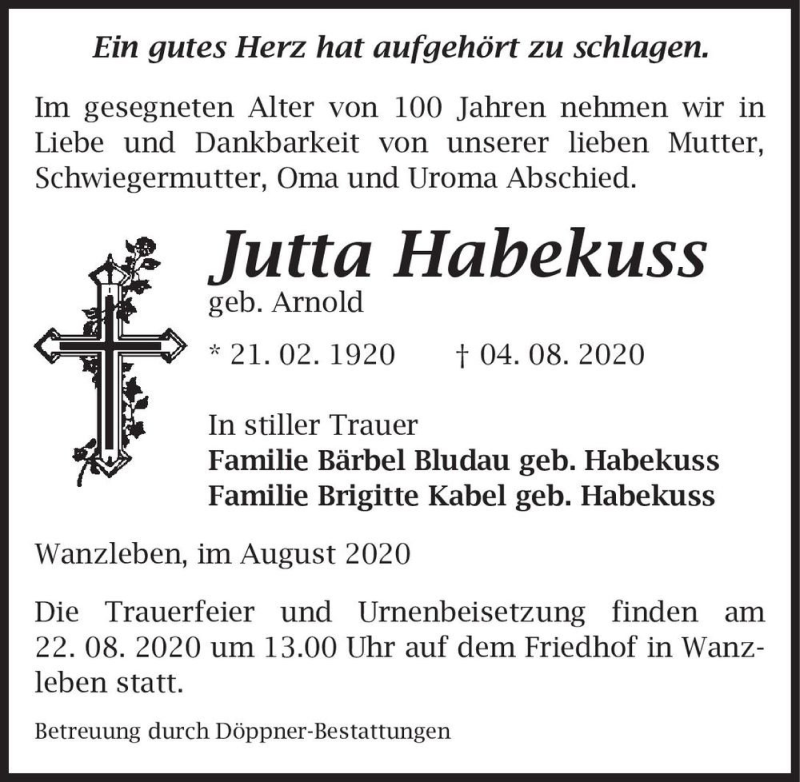  Traueranzeige für Jutta Habekuss (geb. Arnold)  vom 08.08.2020 aus Magdeburger Volksstimme