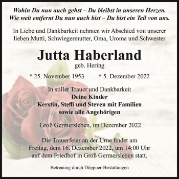 Traueranzeige von Jutta Haberland (geb. Hering)  von Magdeburger Volksstimme