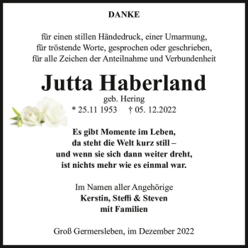 Traueranzeige von Jutta Haberland (geb. Hering)  von Magdeburger Volksstimme