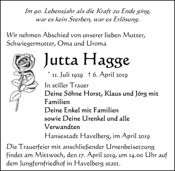 Traueranzeige von Jutta Hagge  von Magdeburger Volksstimme