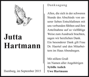 Traueranzeige von Jutta Hartmann  von Magdeburger Volksstimme