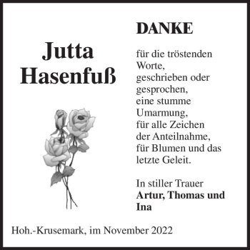Traueranzeige von Jutta Hasenfuß  von Magdeburger Volksstimme