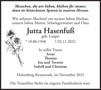 Traueranzeige von Jutta Hasenfuß (geb. Langer)  von Magdeburger Volksstimme