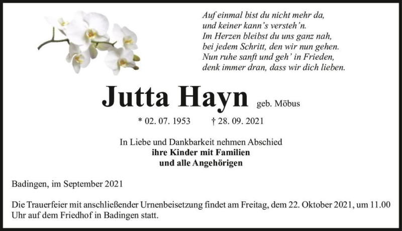  Traueranzeige für Jutta Hayn (geb. Möbus)  vom 05.10.2021 aus Magdeburger Volksstimme