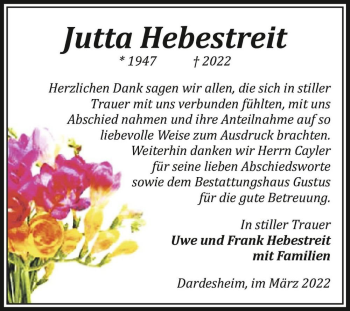 Traueranzeige von Jutta Hebestreit  von Magdeburger Volksstimme