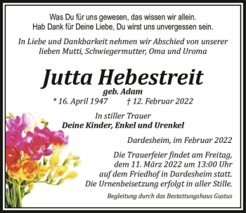 Traueranzeige von Jutta Hebestreit (geb. Adam)  von Magdeburger Volksstimme
