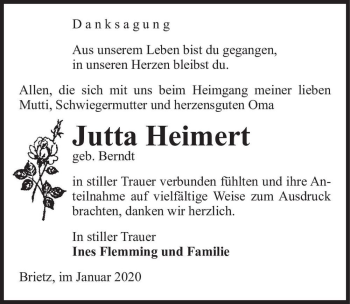 Traueranzeige von Jutta Heimert (geb. Berndt)  von Magdeburger Volksstimme
