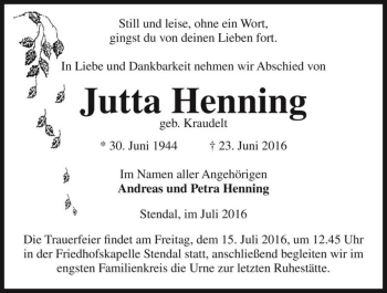 Traueranzeige von Jutta Henning (geb. Kraudelt)  von Magdeburger Volksstimme