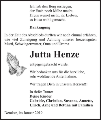Traueranzeige von Jutta Henze  von Magdeburger Volksstimme
