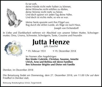 Traueranzeige von Jutta Henze (geb. Guschel)  von Magdeburger Volksstimme