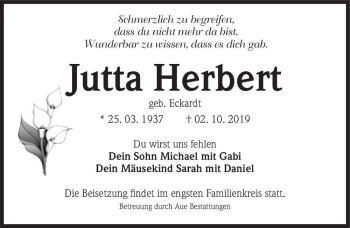 Traueranzeige von Jutta Herbert (geb. Eckardt)  von Magdeburger Volksstimme