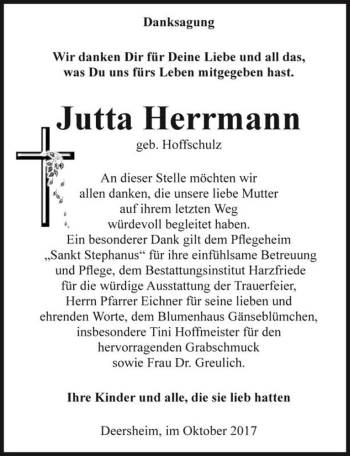 Traueranzeige von Jutta Herrmann (geb. Hoffschulz)  von Magdeburger Volksstimme