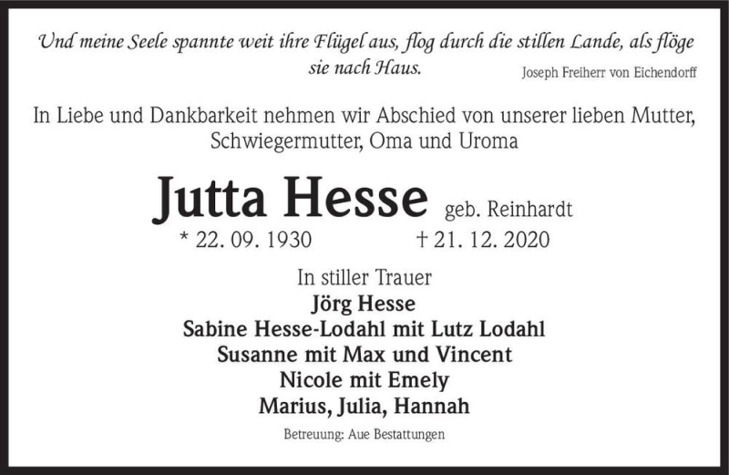  Traueranzeige für Jutta Hesse (geb. Reinhardt)  vom 02.01.2021 aus Magdeburger Volksstimme