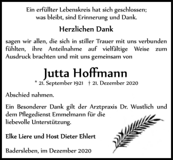 Traueranzeige von Jutta Hoffmann  von Magdeburger Volksstimme