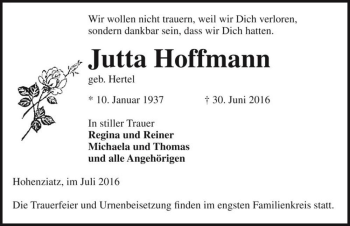 Traueranzeige von Jutta Hoffmann (geb. Hertel)  von Magdeburger Volksstimme