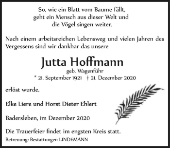 Traueranzeige von Jutta Hoffmann (geb. Wagenführ)  von Magdeburger Volksstimme
