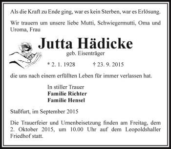 Traueranzeige von Jutta Hädicke (geb. Eisenträger)  von Magdeburger Volksstimme