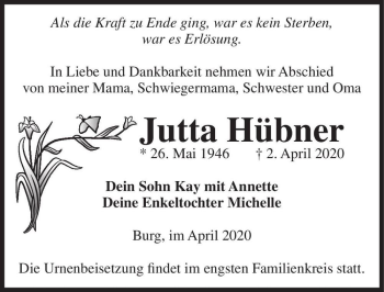 Traueranzeige von Jutta Hübner  von Magdeburger Volksstimme