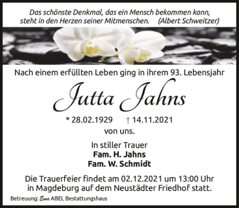 Traueranzeige von Jutta Jahns  von Magdeburger Volksstimme