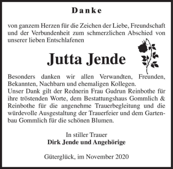 Traueranzeige von Jutta Jende  von Magdeburger Volksstimme