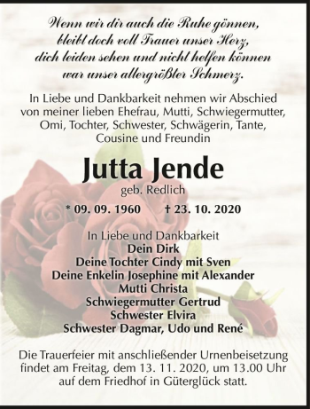 Traueranzeige von Jutta Jende (geb. Redlich)  von Magdeburger Volksstimme