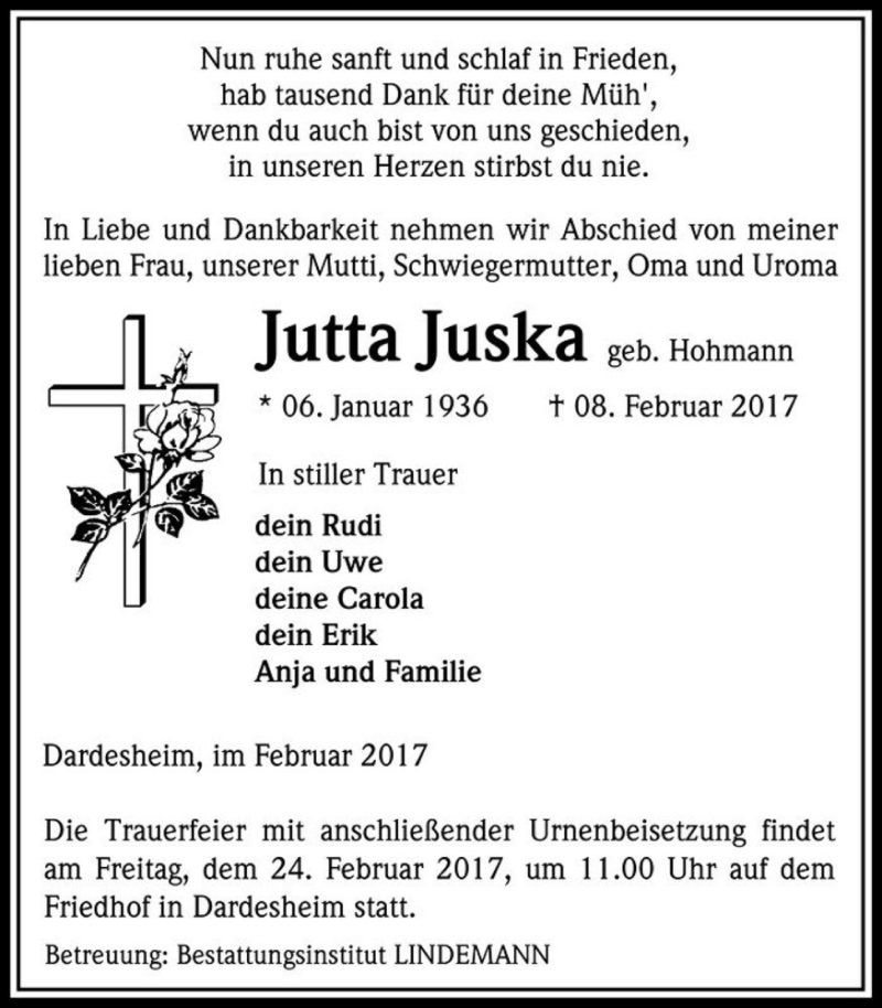  Traueranzeige für Jutta Juska (geb. Hohmann)  vom 18.02.2017 aus Magdeburger Volksstimme