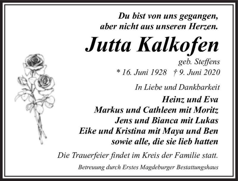  Traueranzeige für Jutta Kalkofen (geb. Steffens)  vom 20.06.2020 aus Magdeburger Volksstimme