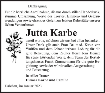 Traueranzeige von Jutta Karbe  von Magdeburger Volksstimme