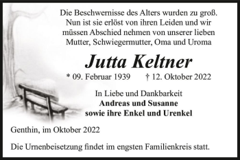 Traueranzeige von Jutta Keltner  von Magdeburger Volksstimme