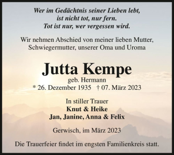 Traueranzeige von Jutta Kempe (geb. Hermann)  von Magdeburger Volksstimme