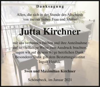 Traueranzeige von Jutta Kirchner  von Magdeburger Volksstimme