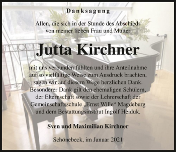Traueranzeige von Jutta Kirchner  von Magdeburger Volksstimme