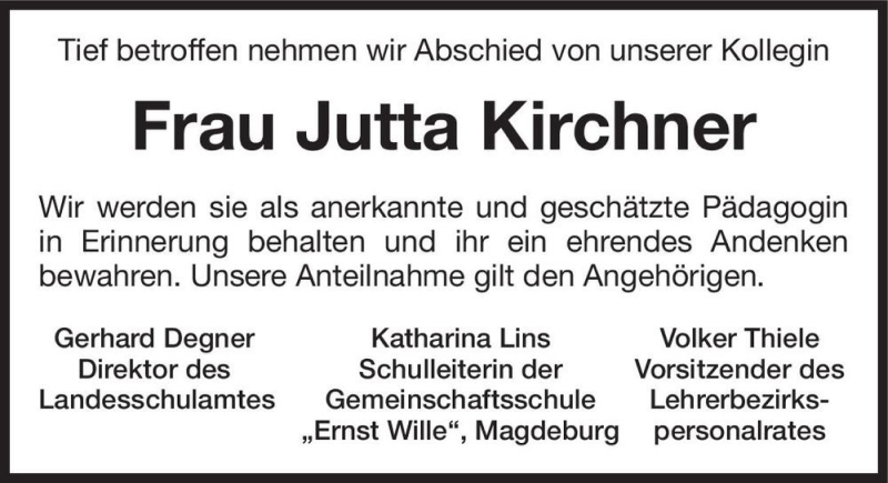  Traueranzeige für Jutta Kirchner  vom 23.01.2021 aus Magdeburger Volksstimme