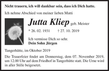 Traueranzeige von Jutta Kliep (geb. Meister)  von Magdeburger Volksstimme