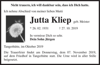 Traueranzeige von Jutta Kliep (geb. Meister)  von Magdeburger Volksstimme