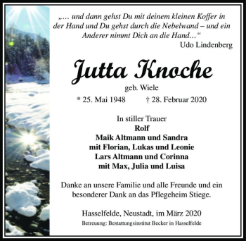 Traueranzeige von Jutta Knoche (geb. Wiele)  von Magdeburger Volksstimme