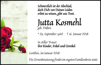 Traueranzeige von Jutta Kosmehl (geb. Düben)  von Magdeburger Volksstimme