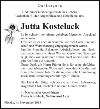 Traueranzeige von Jutta Kostelack  von Magdeburger Volksstimme