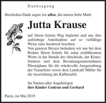 Traueranzeige von Jutta Krause  von Magdeburger Volksstimme