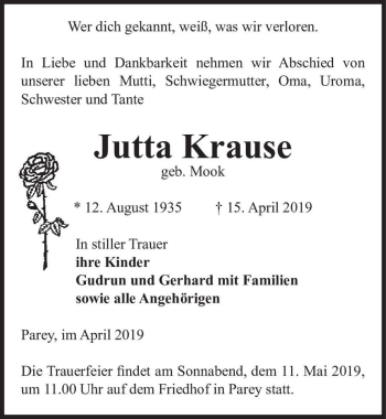 Traueranzeige von Jutta Krause (geb. Mook)  von Magdeburger Volksstimme