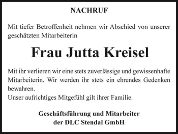 Traueranzeige von Jutta Kreisel  von Magdeburger Volksstimme