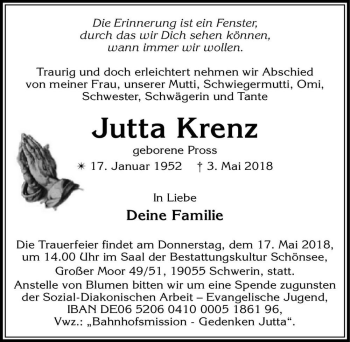 Traueranzeige von Jutta Krenz (geb. Pross)  von Magdeburger Volksstimme