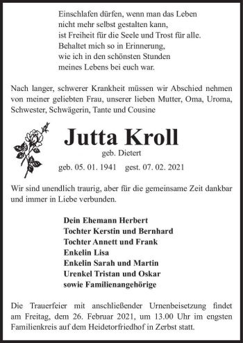 Traueranzeige von Jutta Kroll (geb. Dietert)  von Magdeburger Volksstimme